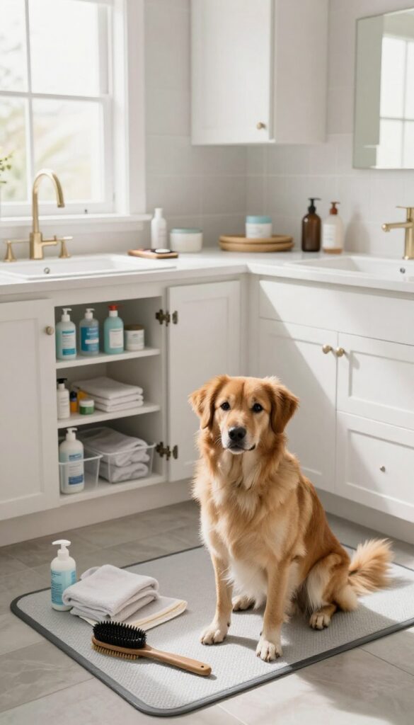 A tidy dog grooming area with under-sink storage cabinets containing organized supplies, featuring a calm dog in a bright, clean room.