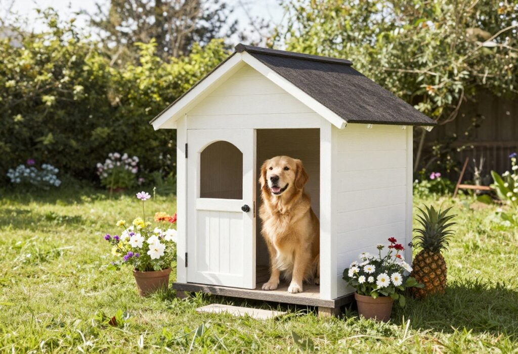 Charming white dog house with porch in sunny backyard with golden retriever
