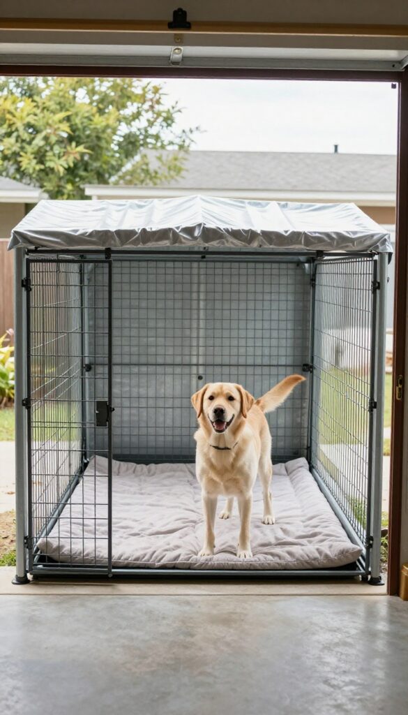Indoor-outdoor kennel run setup connecting garage to backyard with dog door