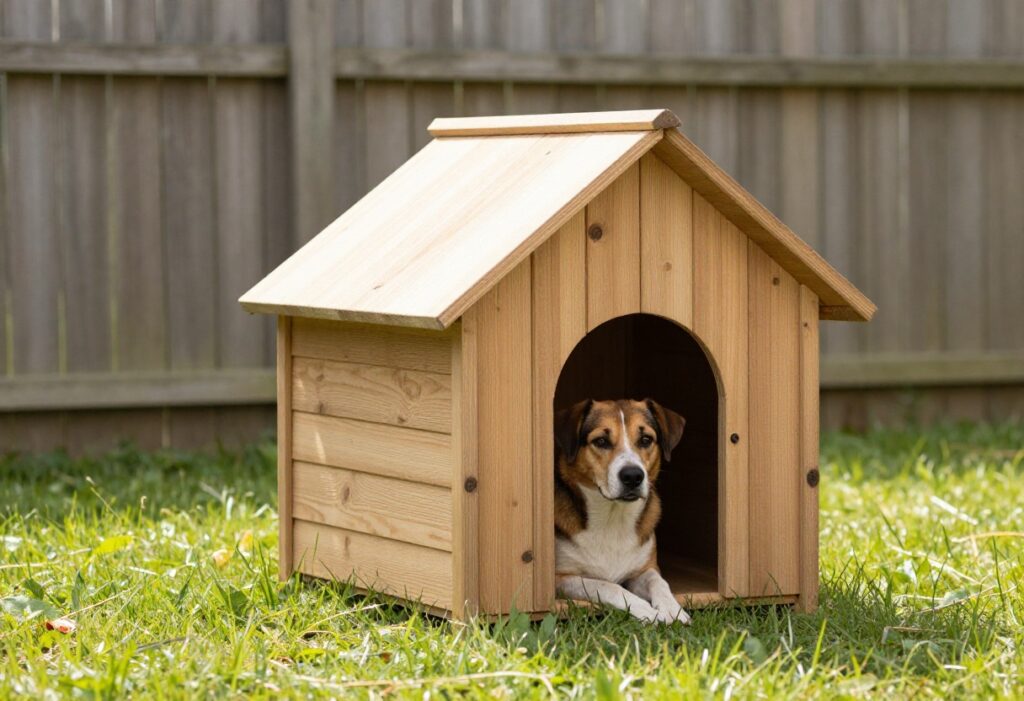 Homemade wooden dog house with a porch in a sunny backyard, a dog peeking out from the entrance.