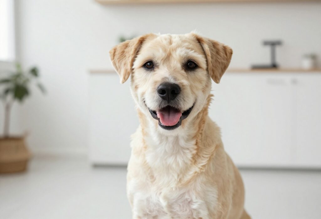 A cheerful dog with a neat grooming style in a home setting, showcasing practical dog care.