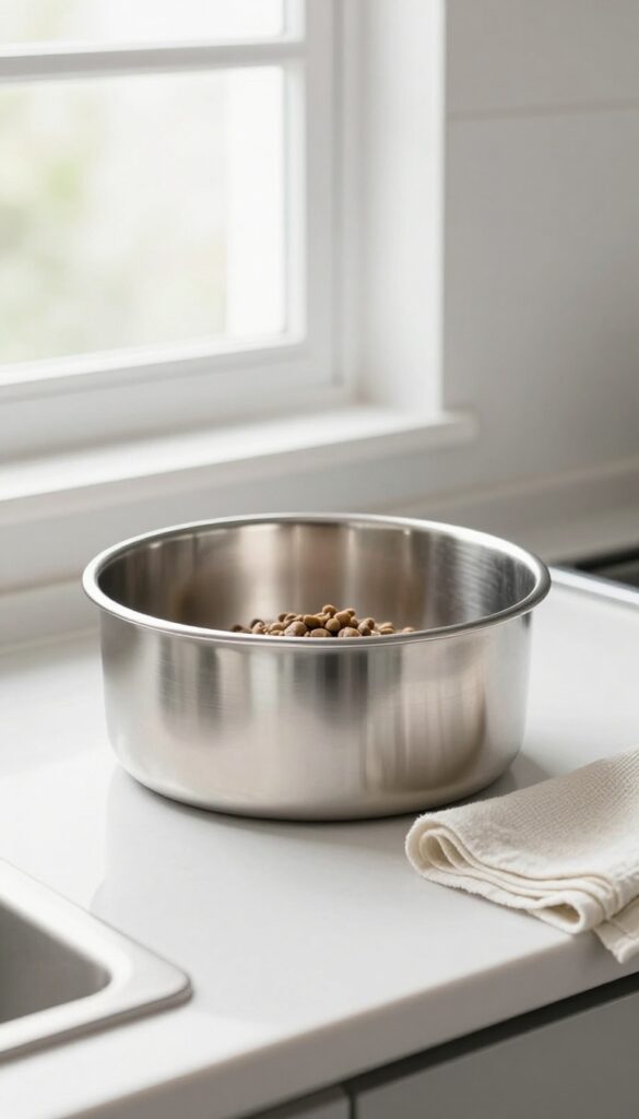 A stainless steel dog food container in a modern kitchen setting