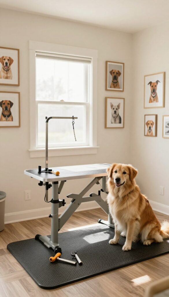 A cozy dog grooming area with framed dog art and photos on the wall, natural lighting, and a calm dog in the scene.