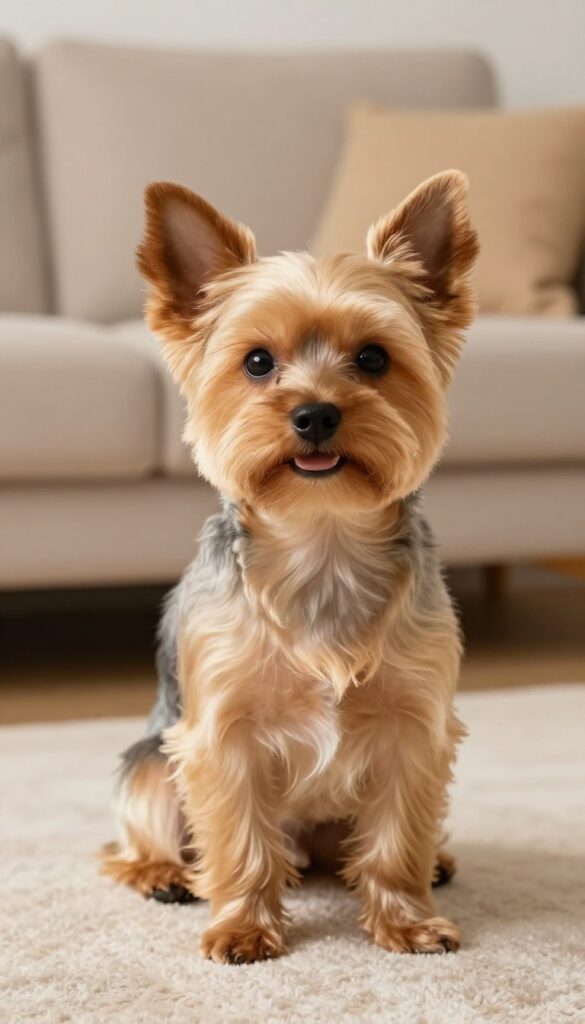 A Yorkshire Terrier with a classic puppy cut, showcasing an easy-maintenance haircut in a bright, natural home environment
