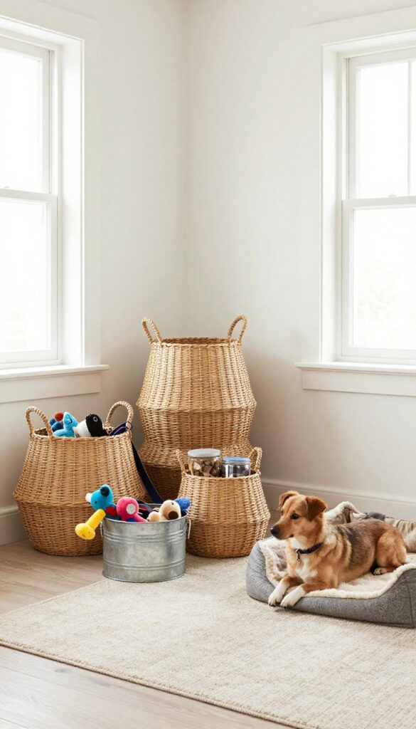 Decorative storage bins for dog supplies in a stylish apartment