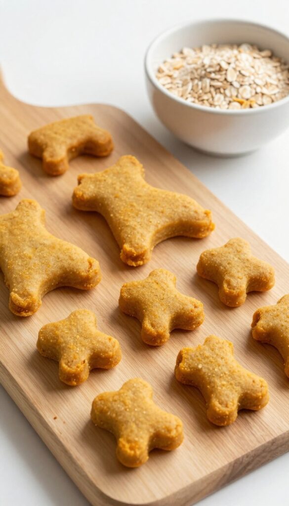 Homemade pumpkin soft bites for dogs, arranged on a wooden board with simple ingredients, showcasing gentle, easy-to-chew treats for sensitive stomachs.