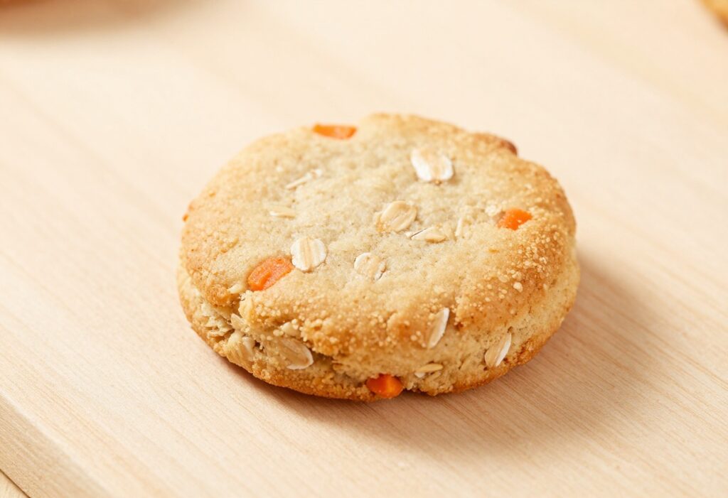 Homemade carrot oat dog treat on a wooden surface