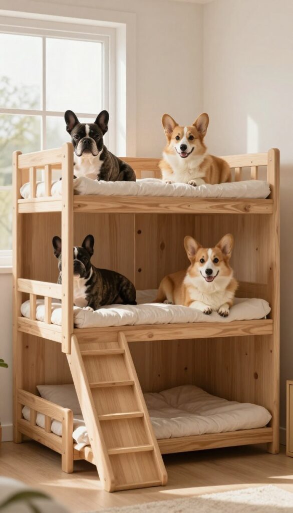 Two small dogs resting on separate bunks in a two-story dog house with a ramp.