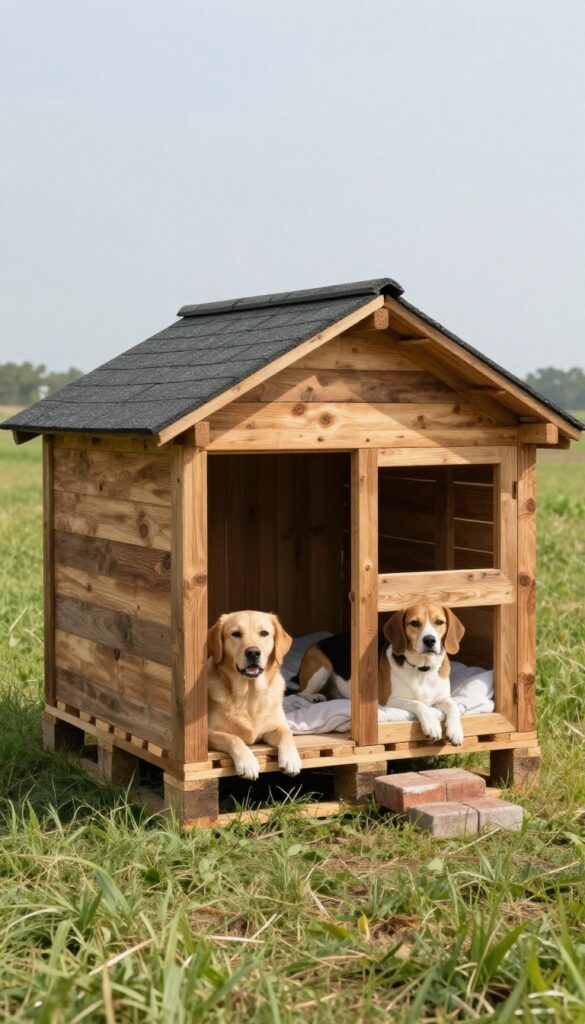 Two dogs resting in front of a pallet dog house in a sunny backyard