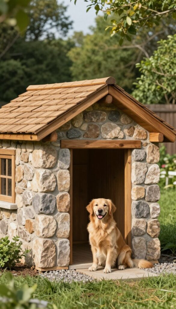 Stone-front dog house with wood roof in sunny backyard, golden retriever beside it