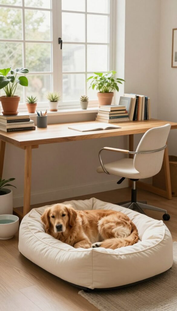 Cozy dog bed under a desk in a sunlit home office
