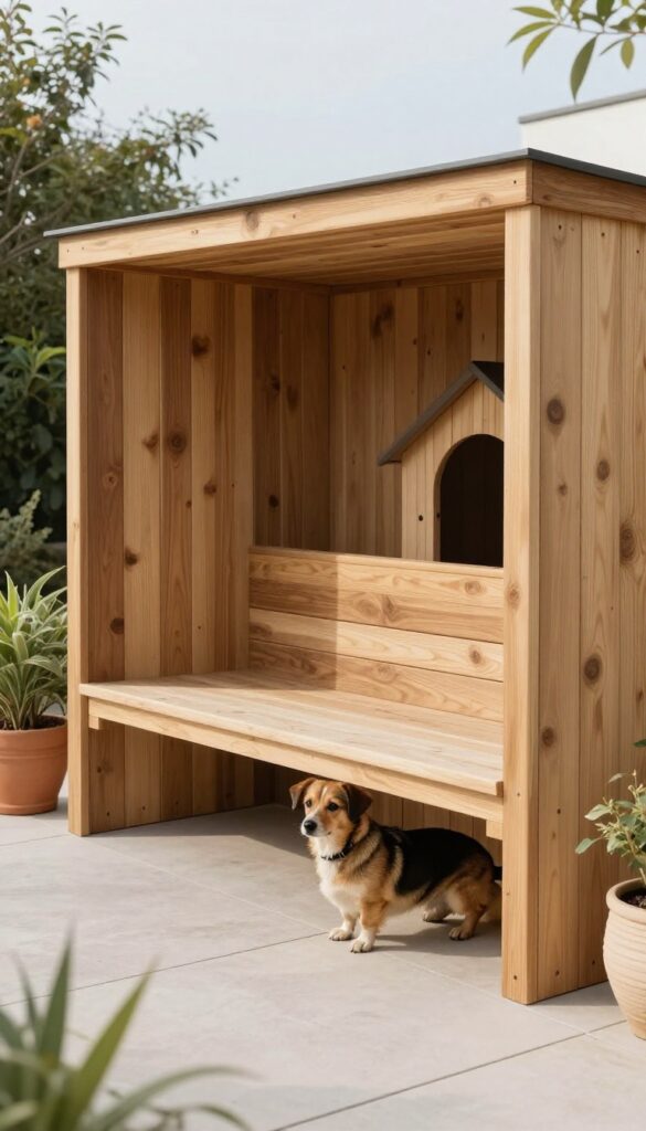 Built-in bench dog house on a modern patio with a dog peeking out from underneath