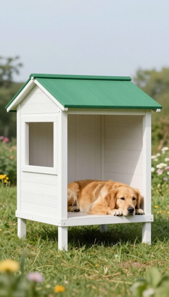 Dog house with porch and awning, golden retriever lounging on covered deck in sunny backyard