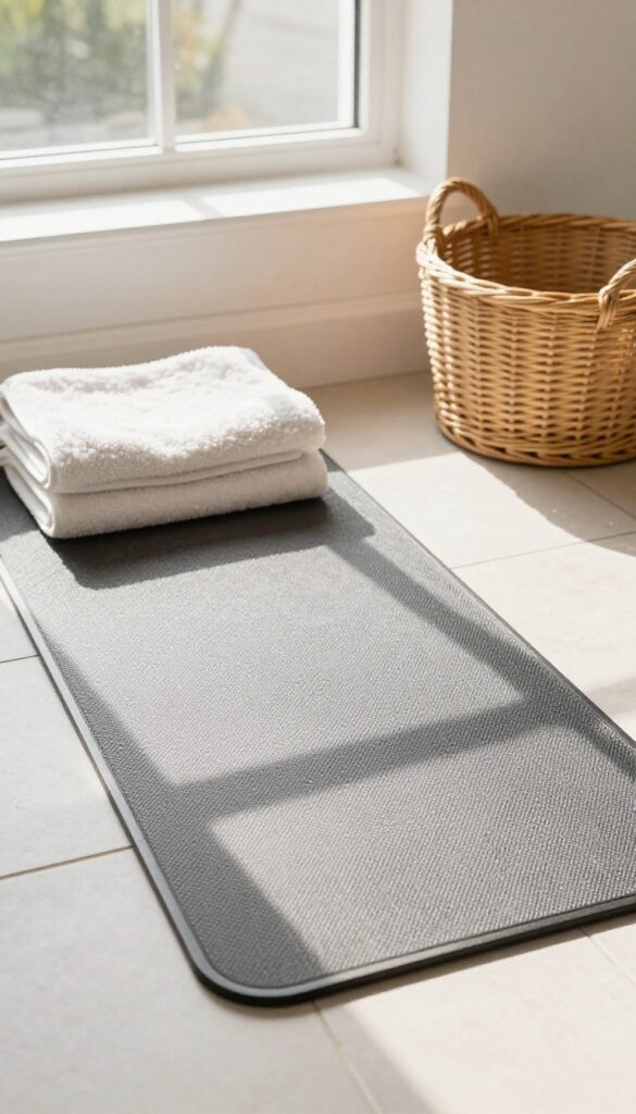 A dog grooming setup featuring a non-slip mat and cozy towels in a bright, welcoming home environment