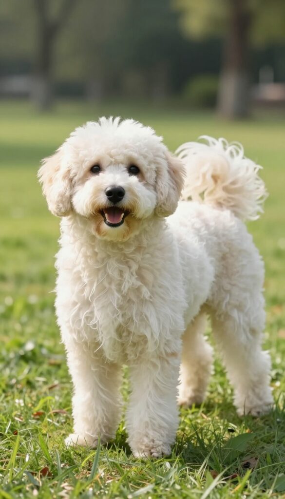 A Maltipoo with a feathered leg haircut in a sunny park, showcasing graceful leg hair for a flowing silhouette