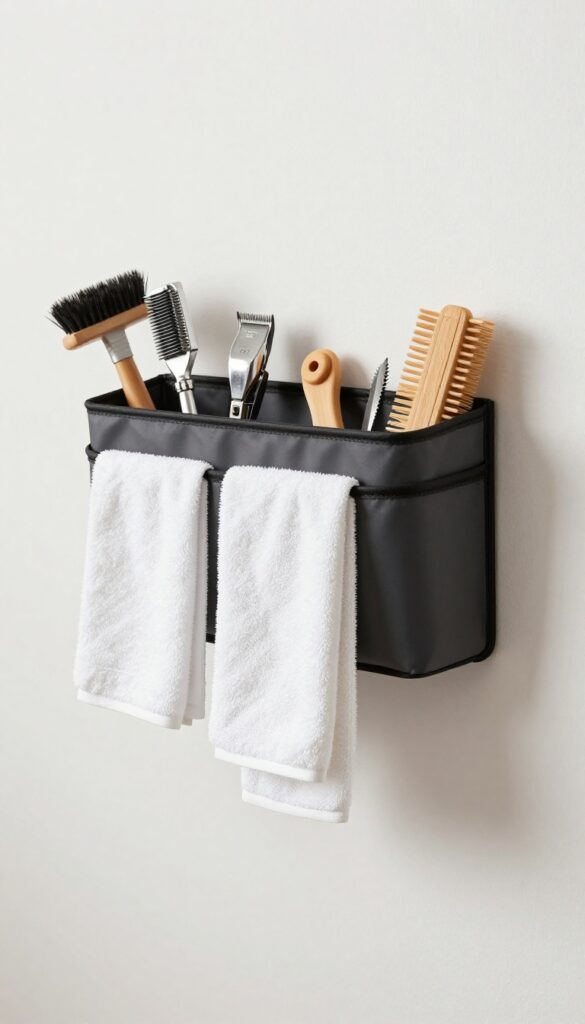 A hanging wall caddy filled with organized dog grooming tools like brushes and towels in a bright room.