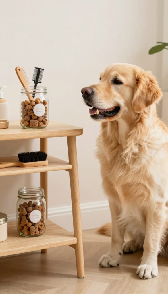 A calm dog sits near a grooming station with a mason jar of treats on a wooden shelf, illustrating a positive reinforcement setup for stress-free grooming sessions.