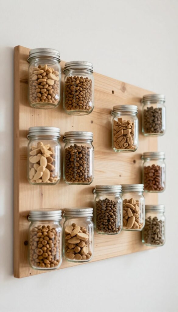 A rustic wooden board with clear mason jars mounted on a wall, storing dog kibble and treats in a bright, natural-lit room, showcasing DIY dog food storage as an elegant decor piece.