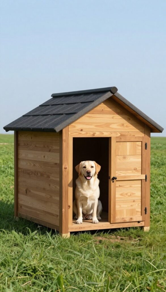 Classic plywood insulated dog house with sloped roof and raised floor in a sunny backyard, a Labrador retriever nearby.