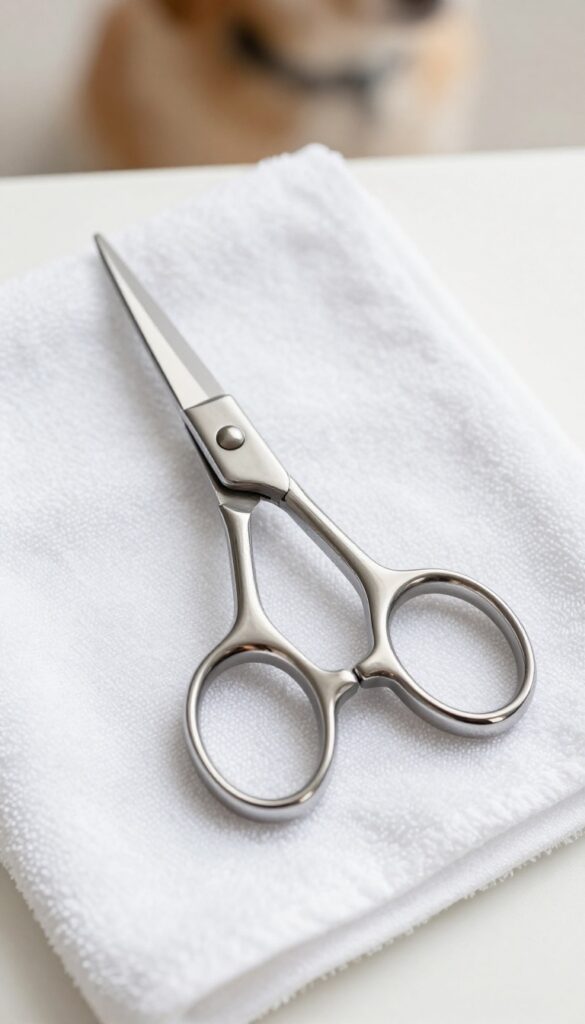 Close-up of stainless steel dog grooming scissors on a towel, highlighting durability and hygiene for grooming.