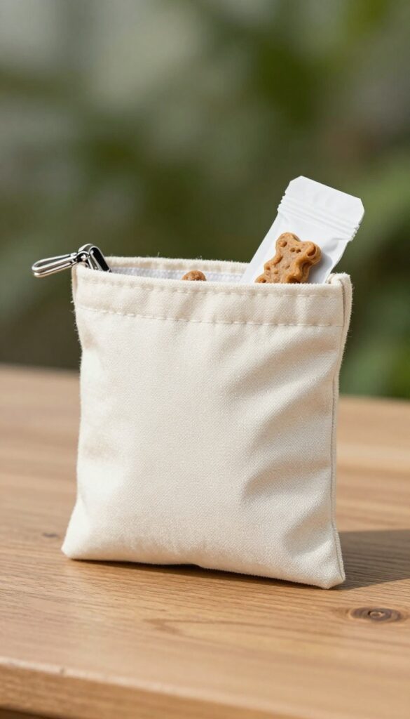 A homemade dog treat pouch made from an old bag, shown on a plain surface with treats inside, illustrating a DIY accessory for organized walks and training.
