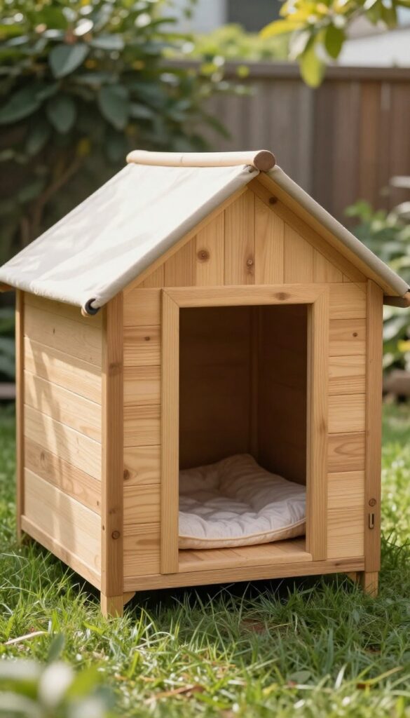 Wooden dog house with off-center doorway and canvas flap in sunny backyard