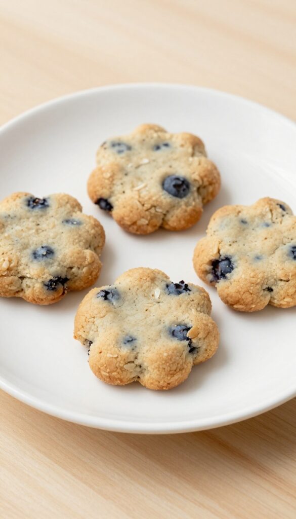 Homemade blueberry oat yogurt dog cookies, soft and cakey with visible blueberry pieces, arranged on a plain white plate in natural light for a dog treat blog.