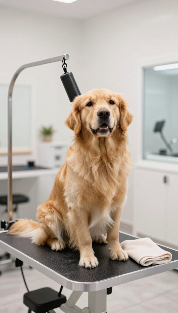 A golden retriever enjoying a warm, adjustable drying station in a dog grooming salon, showcasing comfort and care after a bath.