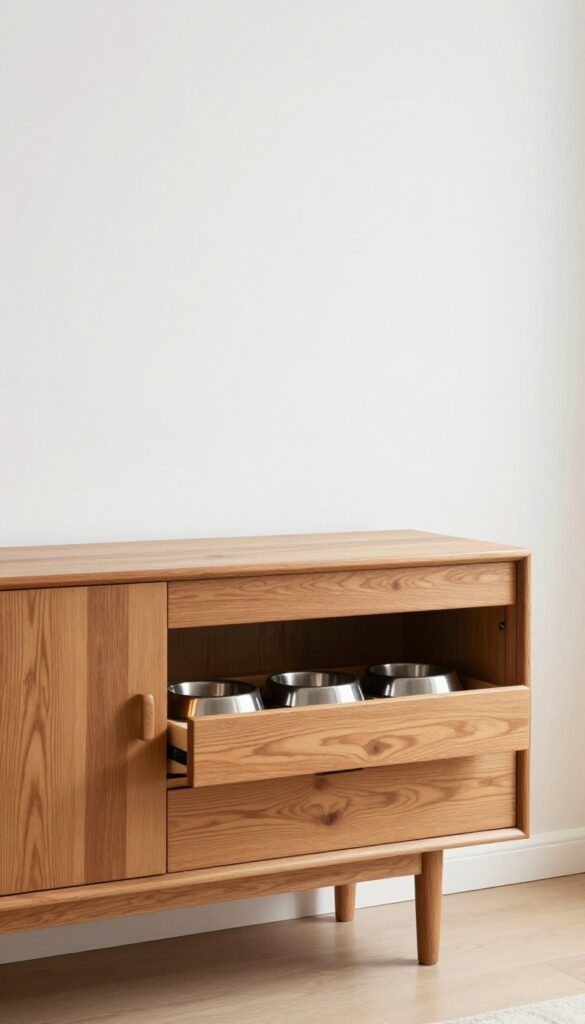 A vintage-style sideboard with hidden dog bowl drawers in a bright dining room, showcasing smart pet storage solutions.
