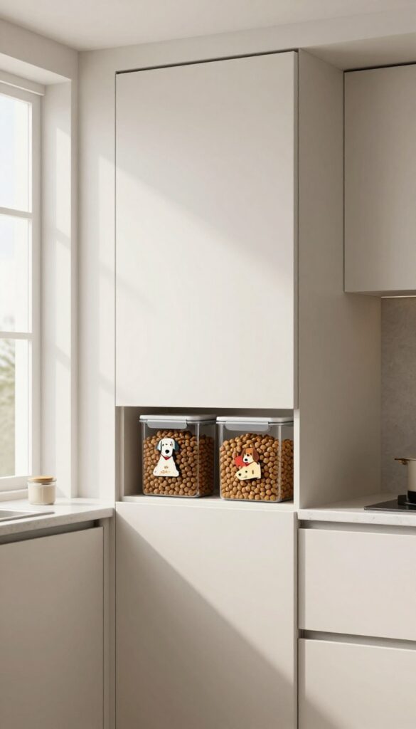 A modern kitchen cabinet with dog food stored inside an airtight container, showcasing a tidy and organized hidden storage solution for pet owners.