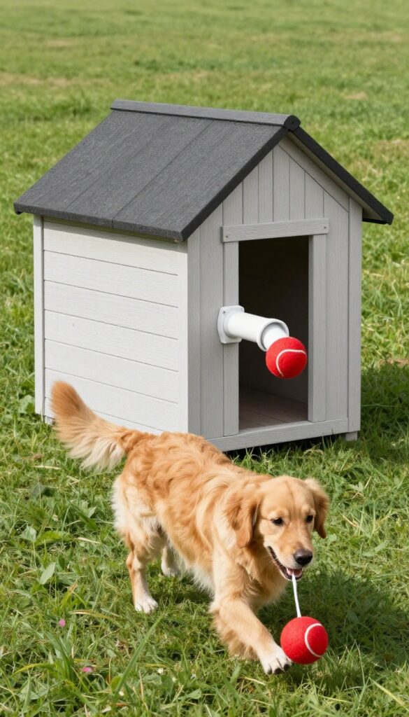 Multi-purpose dog house with toy dispenser, golden retriever pulling tennis ball from PVC pipe