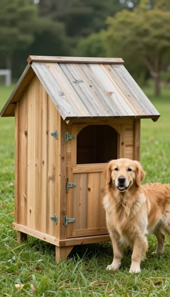 Treated lumber dog house with removable roof panel in grassy backyard
