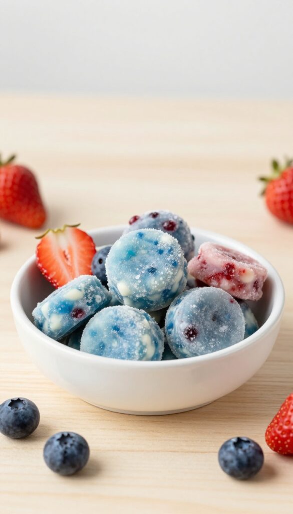 Homemade frozen yogurt berry dog treats in a ceramic bowl with fresh berries, set on a wooden table in natural light, representing a refreshing summer snack for dogs.