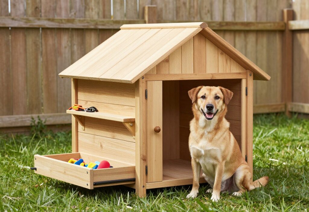 A wooden dog house with smart storage features, including a side shelf and pull-out drawer, in a sunny backyard with a dog sitting nearby.