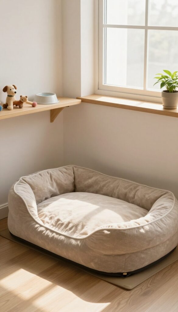 Cozy dog bed nook under a window with a shelf for toys and water bowl, bright natural light