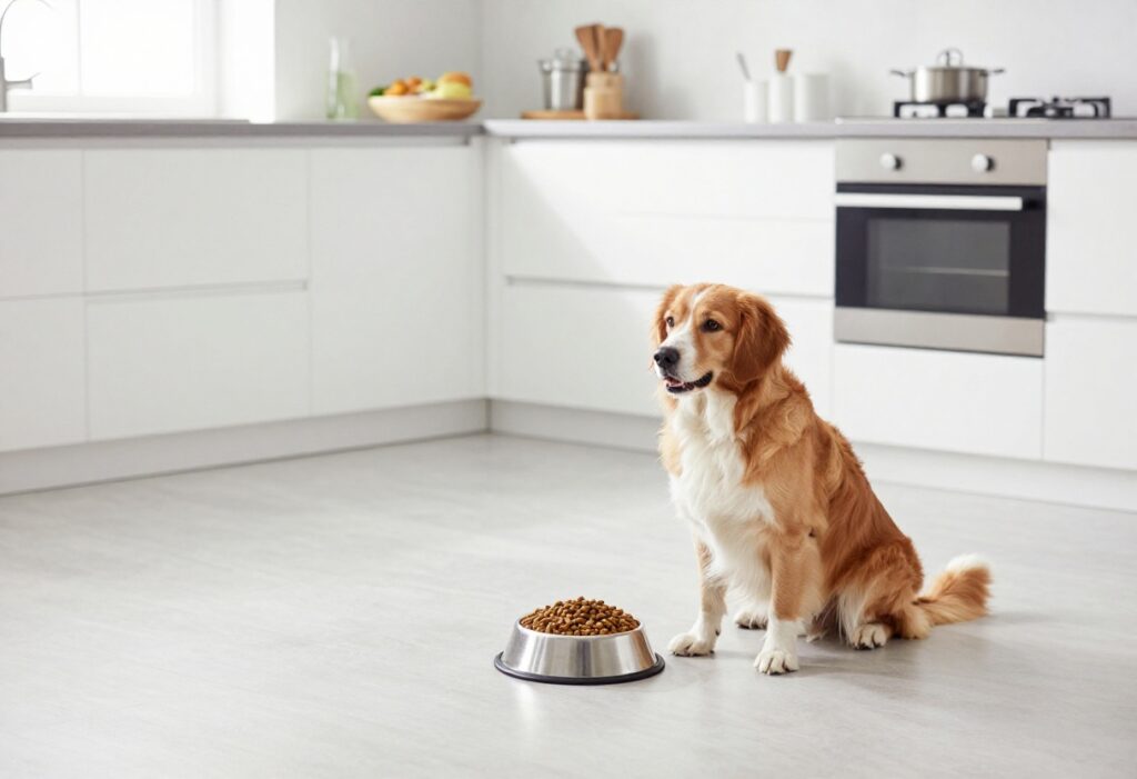 A large dog food container in a tidy kitchen setting, with a dog nearby, showcasing practical storage for pet owners.