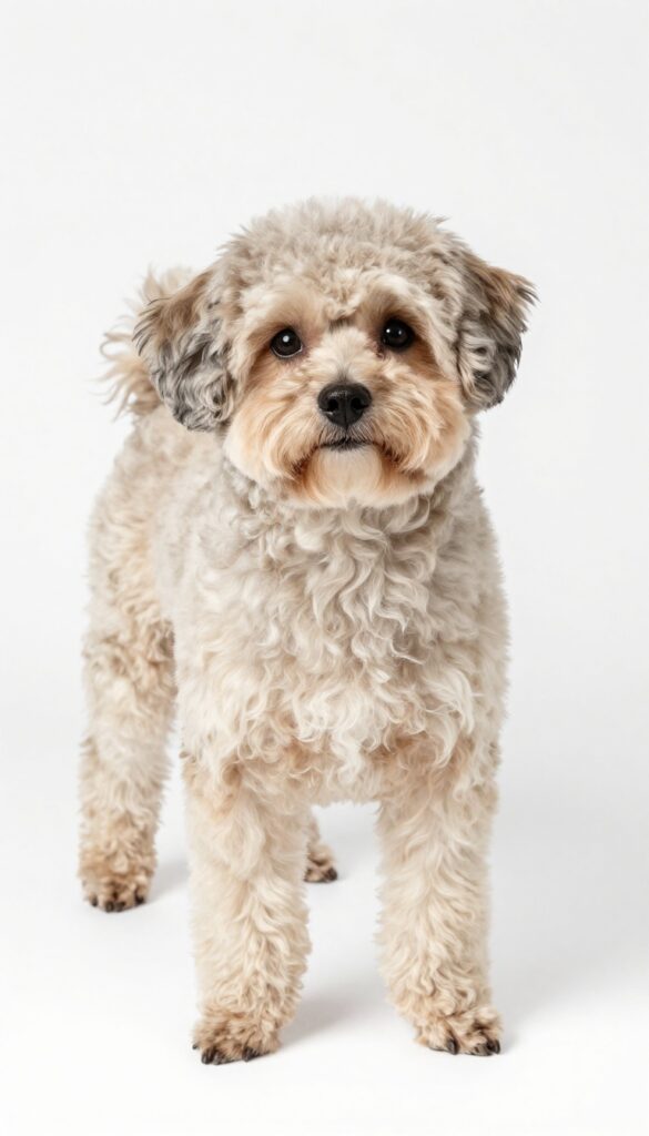 A Maltipoo with an all-over even trim haircut, showcasing a clean and uniform coat in natural light.