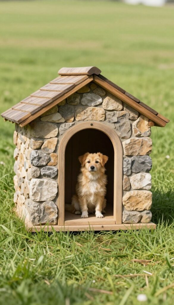 Stone-faced wind shelter dog house in a sunny yard with a dog sitting beside it