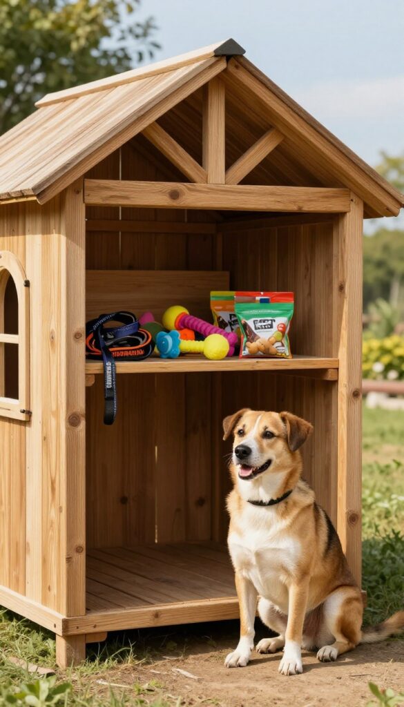 Dog house with built-in storage for toys and supplies in a sunny backyard