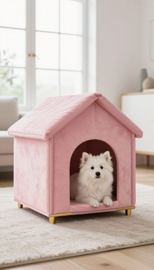 Pink and gold glam dog house for indoor use with a fluffy white dog peeking out, in a bright living room.