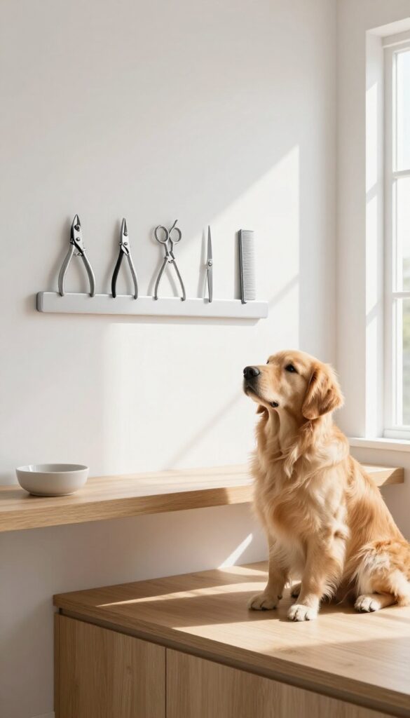 Dog grooming station with magnetic strip holding metal tools, golden retriever nearby, bright natural light.