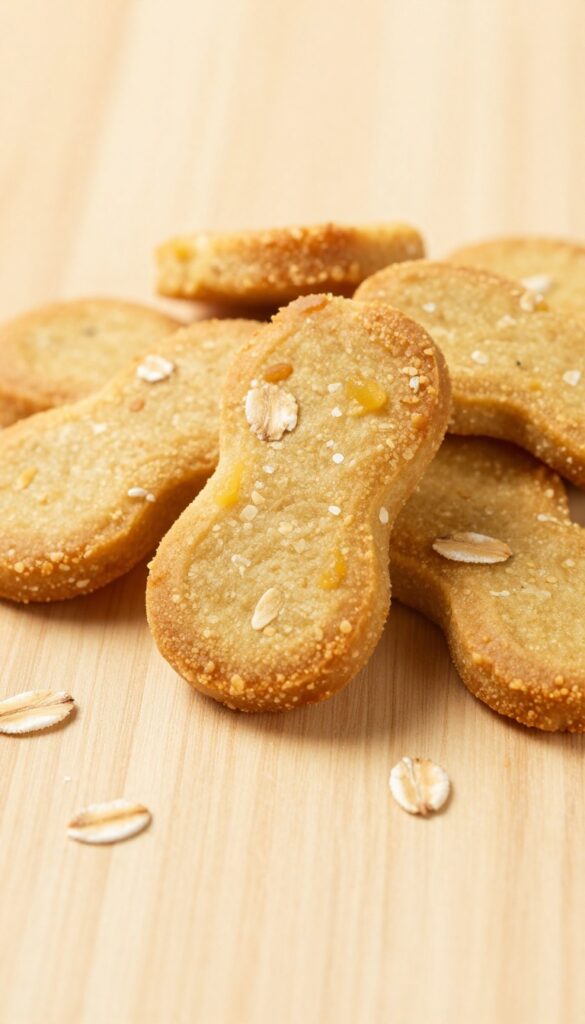 Close-up of homemade apple oat crunch coins for dogs, showing golden-brown, thin biscuits with oat flakes, arranged on a plain wooden surface in bright natural light.