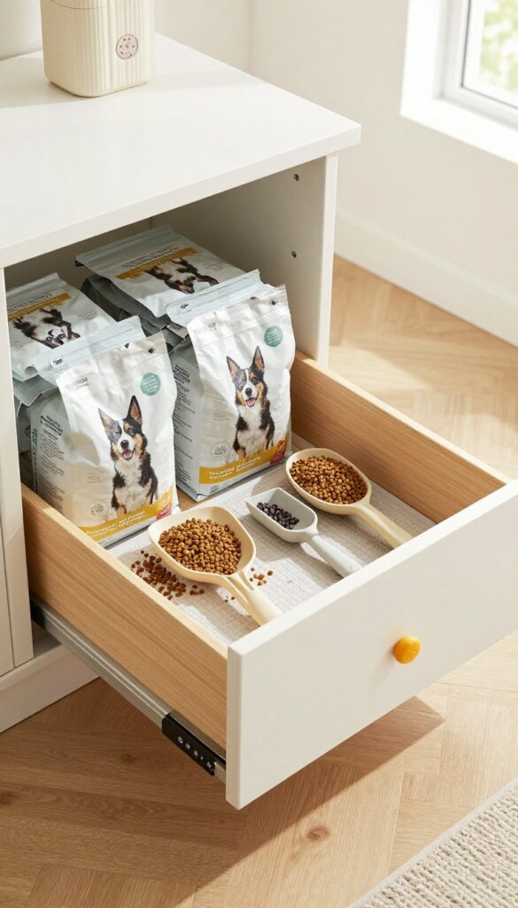 A pull-out drawer under stairs storing dog food bags, showcasing clever DIY storage for pet owners.
