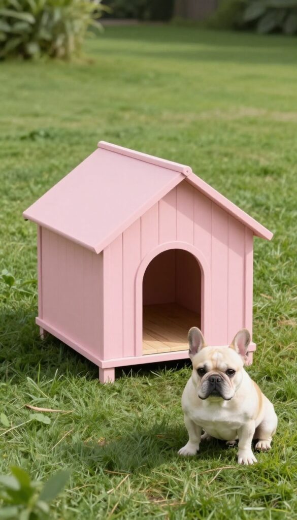 Blush pink wooden A-frame dog house with modern design, raised floor, and French Bulldog sitting beside it in sunny backyard.