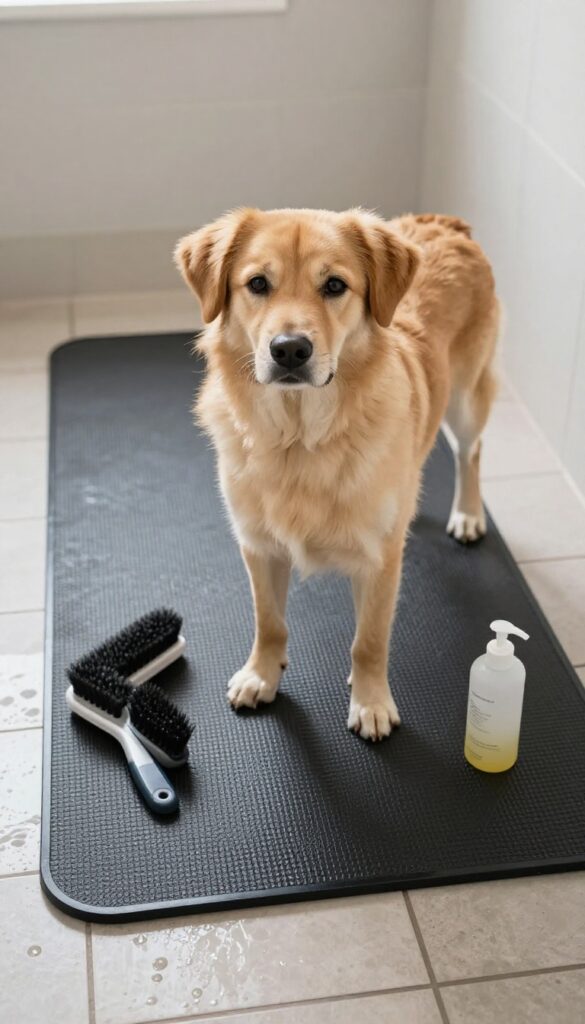A dog standing securely on a non-slip mat during grooming in a well-lit bathroom, illustrating safety and comfort for home grooming sessions.