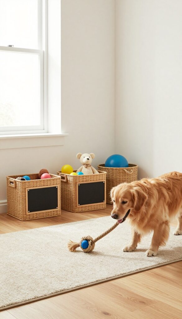 Dog toy bin with labeled baskets containing rope toys, balls, and plush toys, golden retriever reaching for a toy.