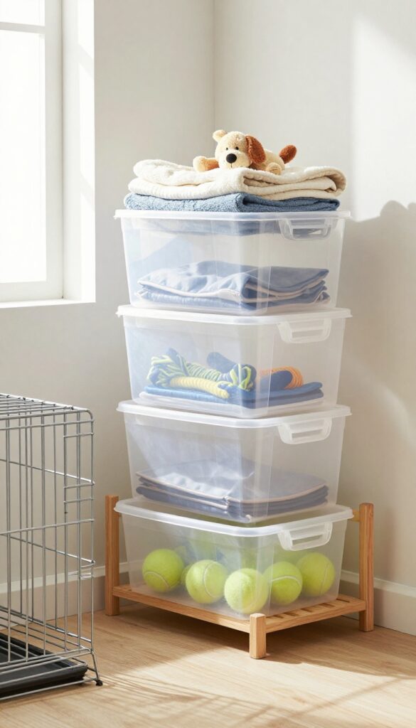 Stackable clear bins next to a dog crate storing bedding, toys, and training pads in a tidy home setup.