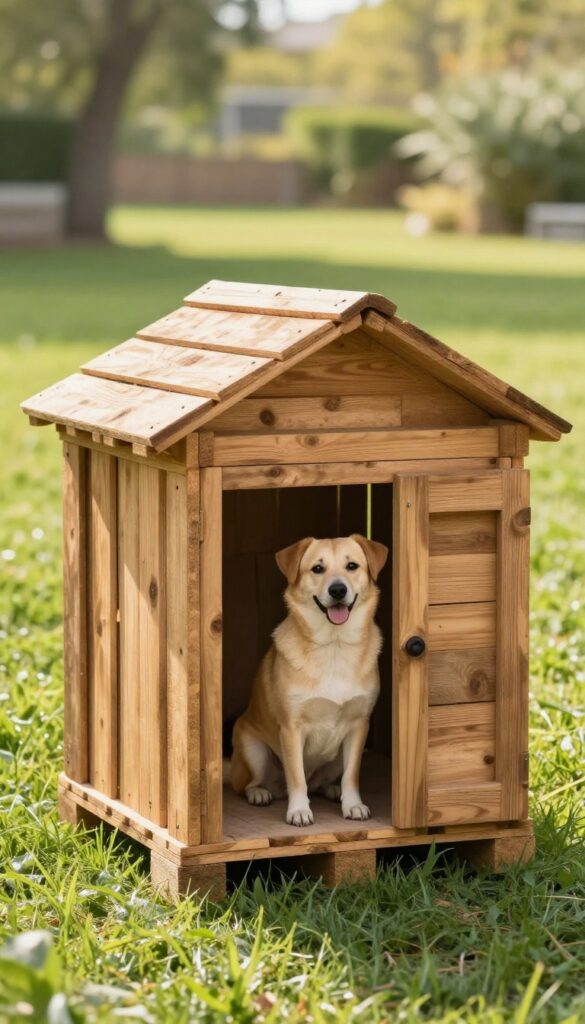 Rustic upcycled wooden crate dog house in sunny backyard with happy dog beside it
