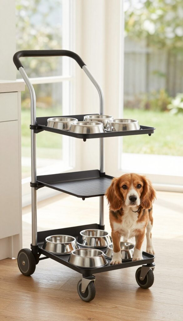 A photorealistic image showing a dog beside a rolling cart with food and water bowls, illustrating a flexible DIY feeding station idea for budget-friendly dog care.