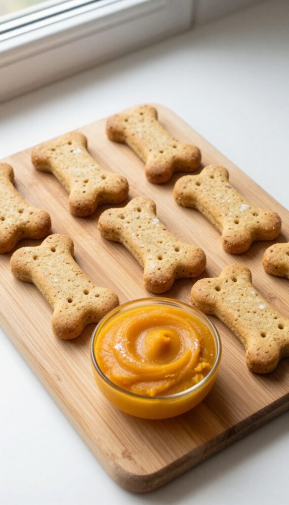Homemade pumpkin sourdough digestive biscuits for dogs, arranged on a wooden cutting board with ingredients in a bowl, in bright natural light.